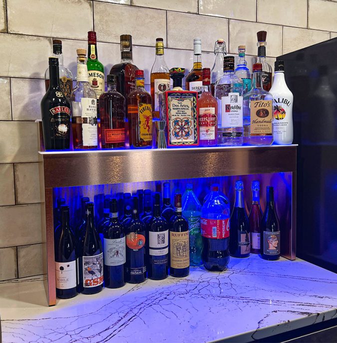 2 Tier Raised Liquor Display w/ Brushed Copper Finish 2 Tier Raised Liquor Display w/ Brushed Copper Finish