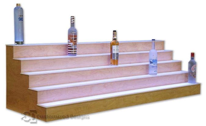 5 Tier Liquor Display with Amber Curly Maple Finish 5 Tier Liquor Display with Amber Curly Maple Finish
