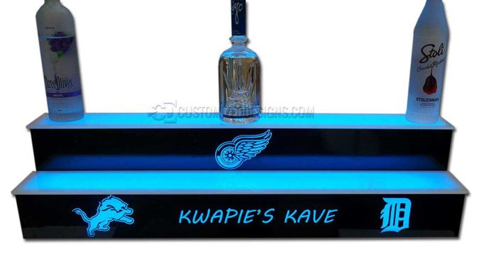 2 Tier LED Bottle Shelf w/ Detroit Sports Teams Logos 2 Tier LED Bottle Shelf w/ Detroit Sports Teams Logos