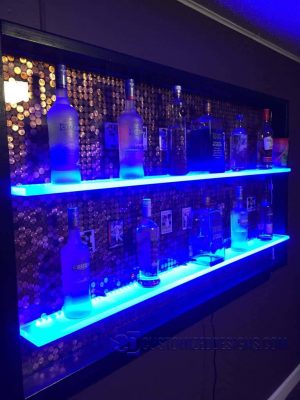 Home Bar w/ Lighted Shelves & Penny Backdrop