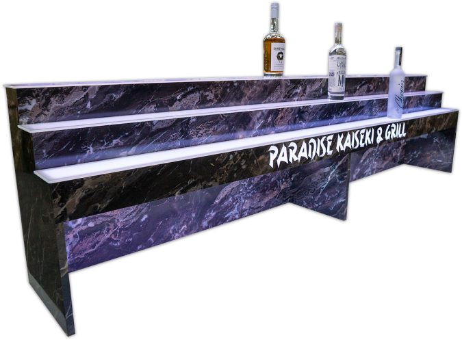3 Tier Raised Back Bar Shelving w/ Man on the Moon Finish 3 Tier Raised Back Bar Shelving w/ Man on the Moon Finish