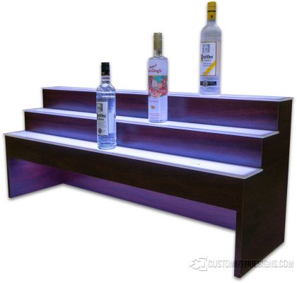 3 Tier Raised Bottle Display w/ Crest Mahogany Finish - 8" Opening