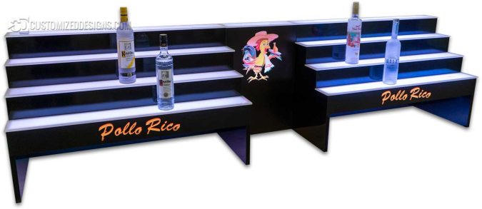 Custom 4 Tier Raised Liquor Display w/ Center Opening for POS and Logo Custom 4 Tier Raised Liquor Display w/ Center Opening for POS and Logo