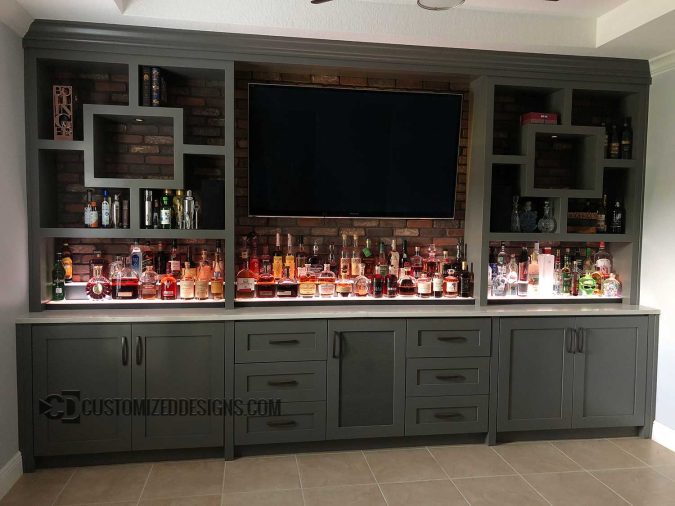 Modern Home Bar w/ Low Profile Liquor Shelving Modern Home Bar w/ Low Profile Liquor Shelving